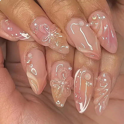 3D Mandel-Nägel 24 Stück mit Charms | Blumen Wasser Wellen Design