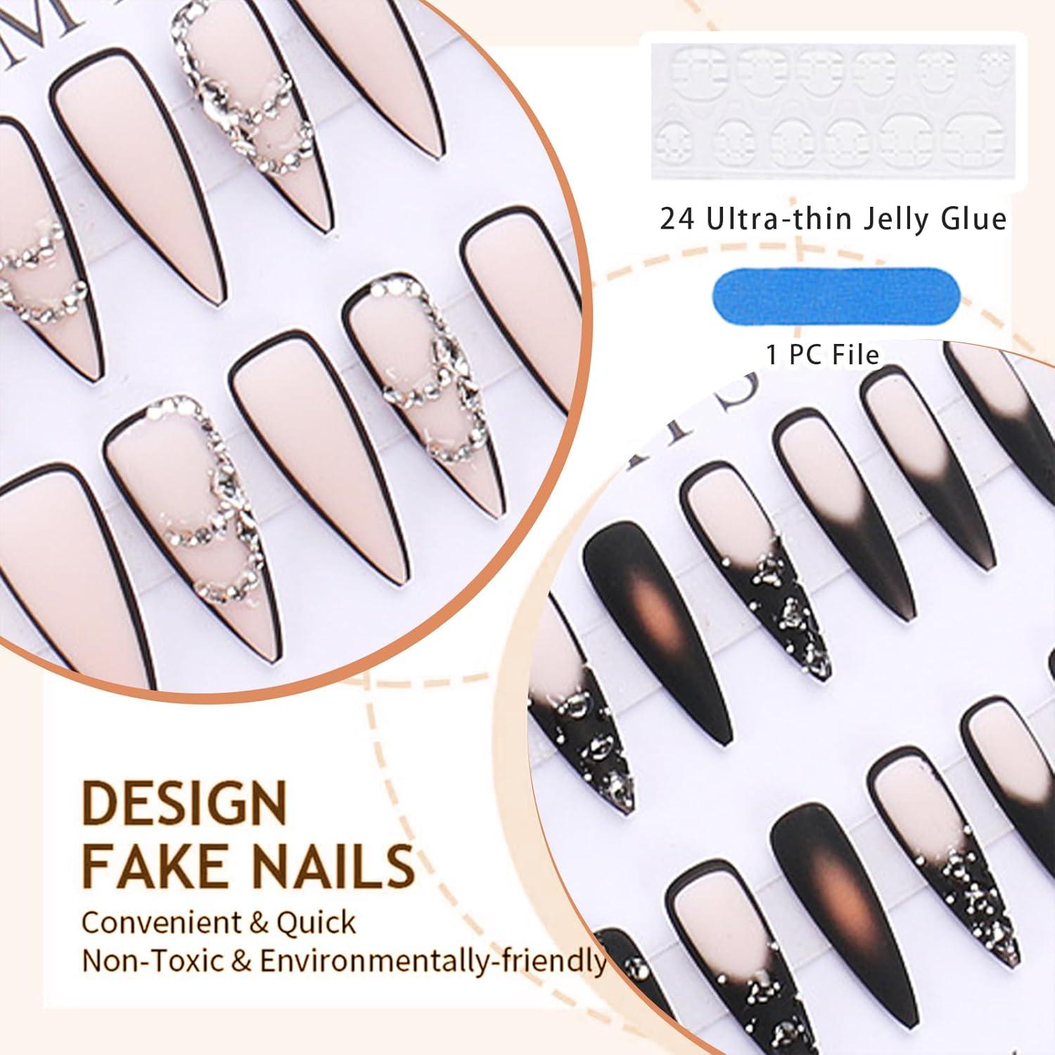 24 Stück Lange Schwarze Stiletto-Nägel mit Glänzendem Goth-Ombre