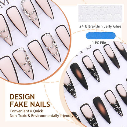 24 Stück Lange Schwarze Stiletto-Nägel mit Glänzendem Goth-Ombre