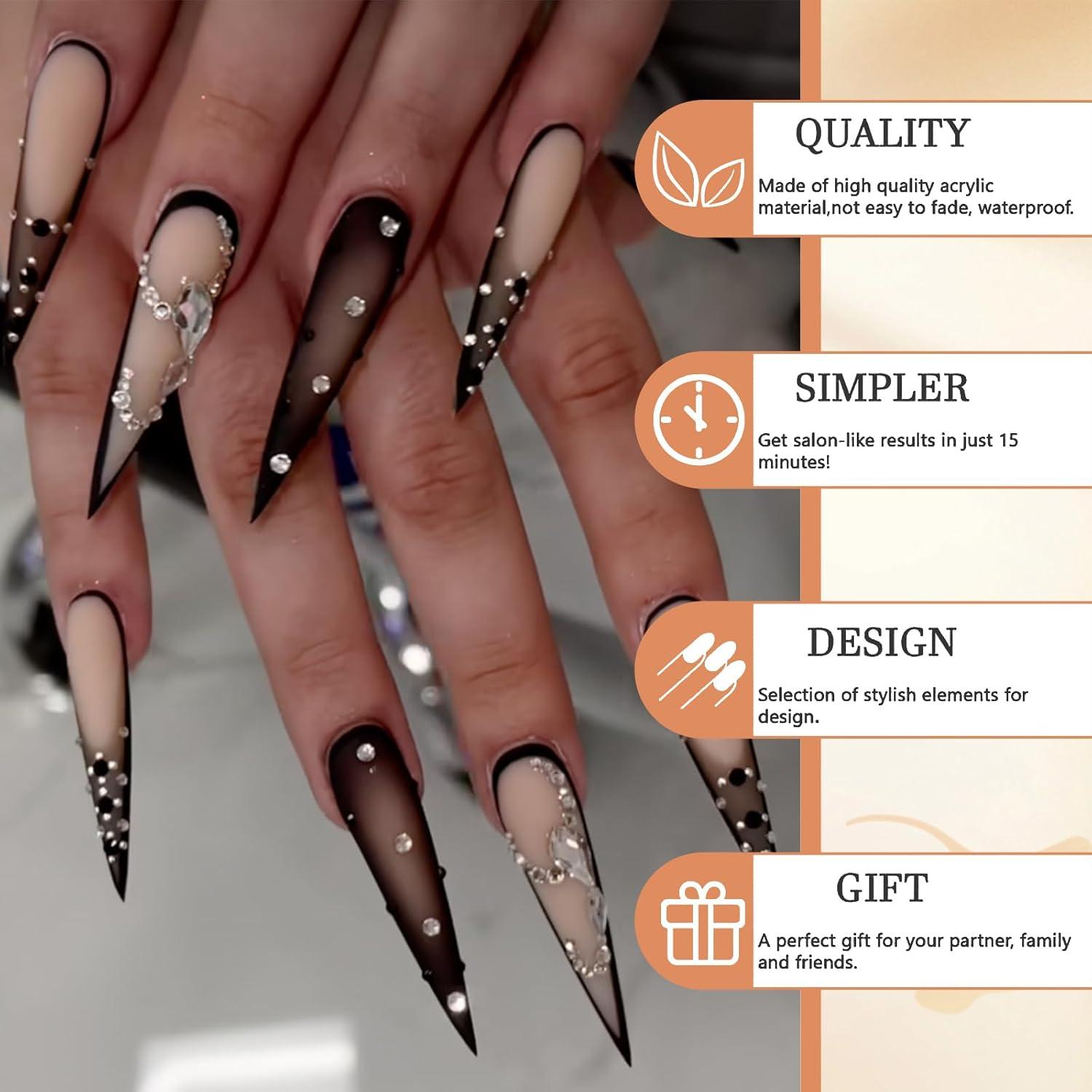 24 Stück Lange Stiletto Press on Nägel Schwarz Goth Ombré Rhinestone