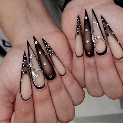 24 Stück Lange Stiletto Press on Nails Schwarz Goth