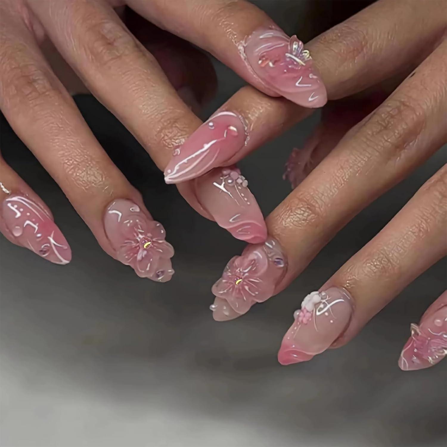 24 Mandelförmige Blumen 3D Wellen Falschnägel Set Nagelkunst