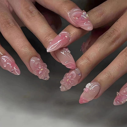 24 Mandelförmige Blumen 3D Wellen Falschnägel Set Nagelkunst