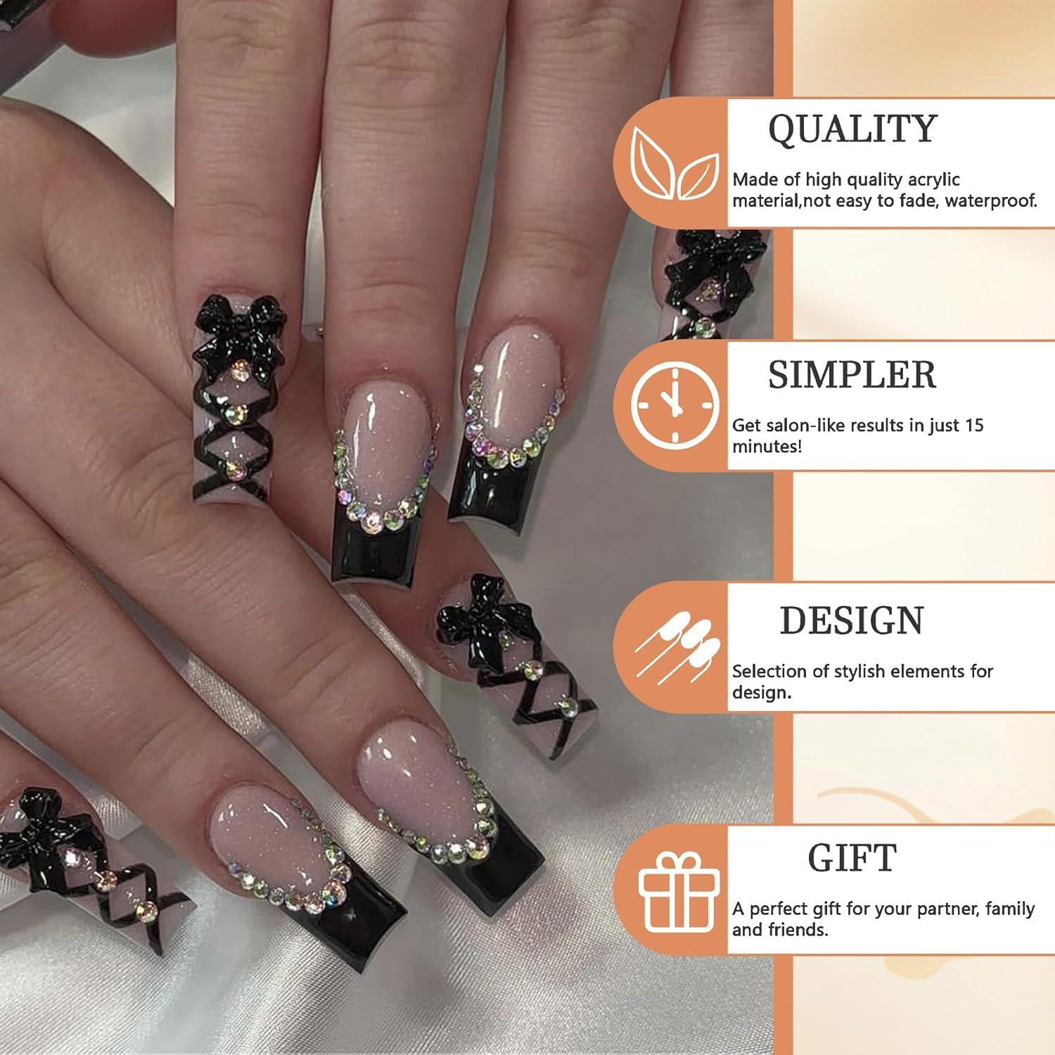 24 Stück Schwarze Französische Spitze Nägel Mit Rhinestone Dekoration