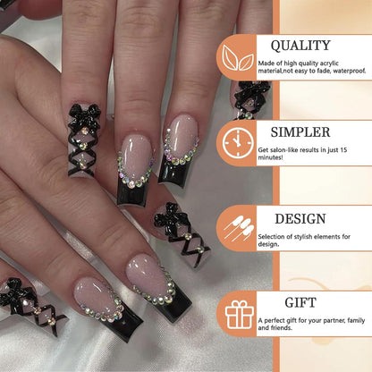 24 Stück Schwarze Französische Spitze Nägel Mit Rhinestone Dekoration