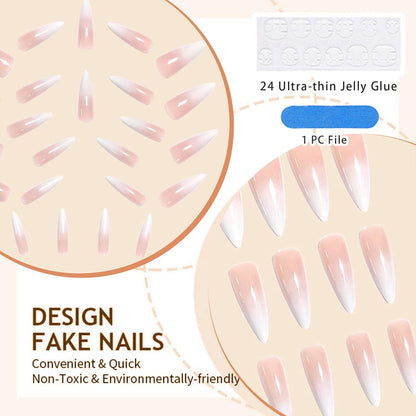 Stiletto Press on Nails Französische Spitze Akrylnägel Pink Bis