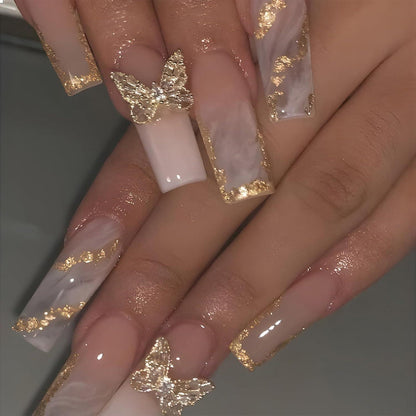 24 Stück Gold Glitzer Press on Nägel mit Schmetterlings-Design