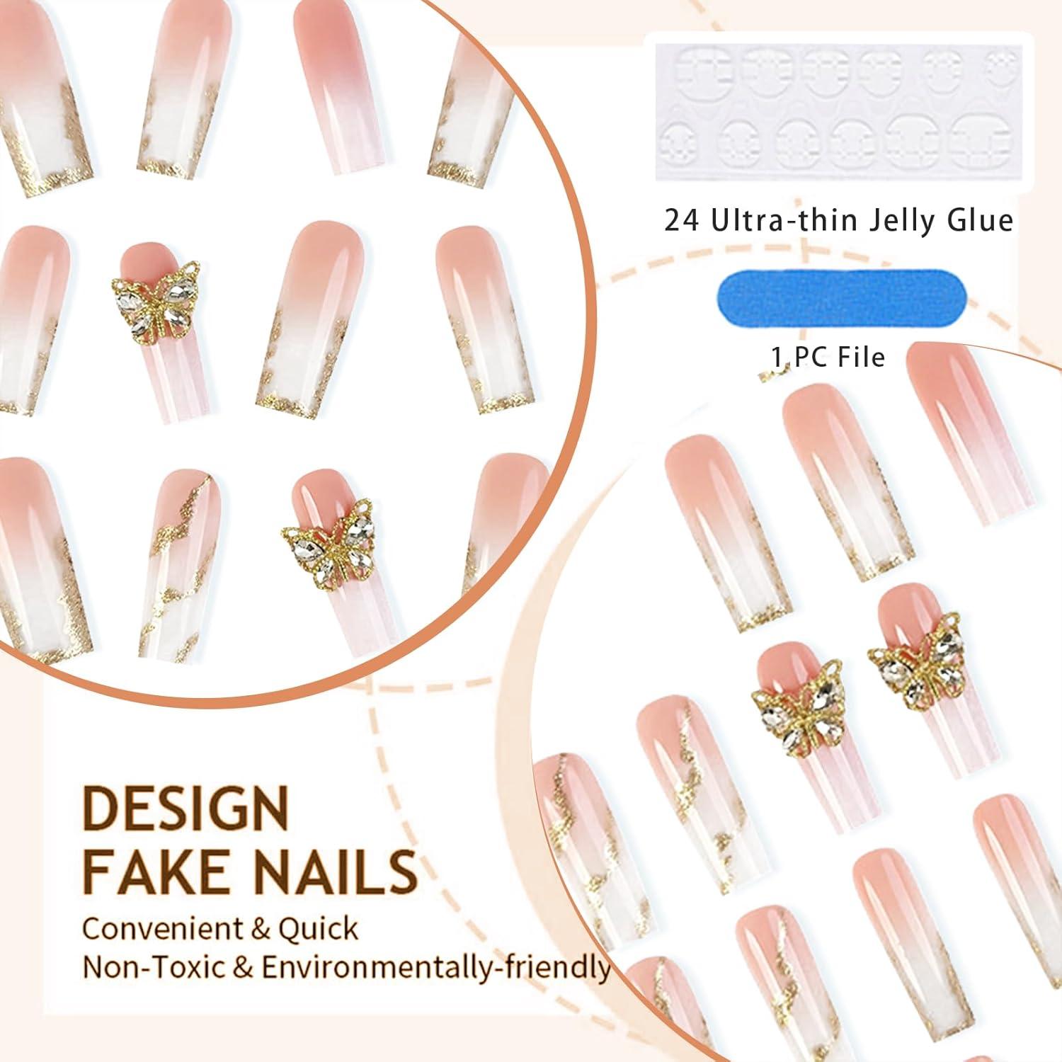 24 Stück Gold Glitzer Press on Nägel mit Schmetterlings-Design