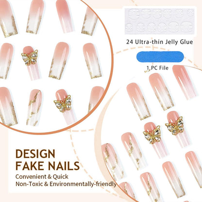 24 Stück Gold Glitzer Press on Nägel mit Schmetterlings-Design