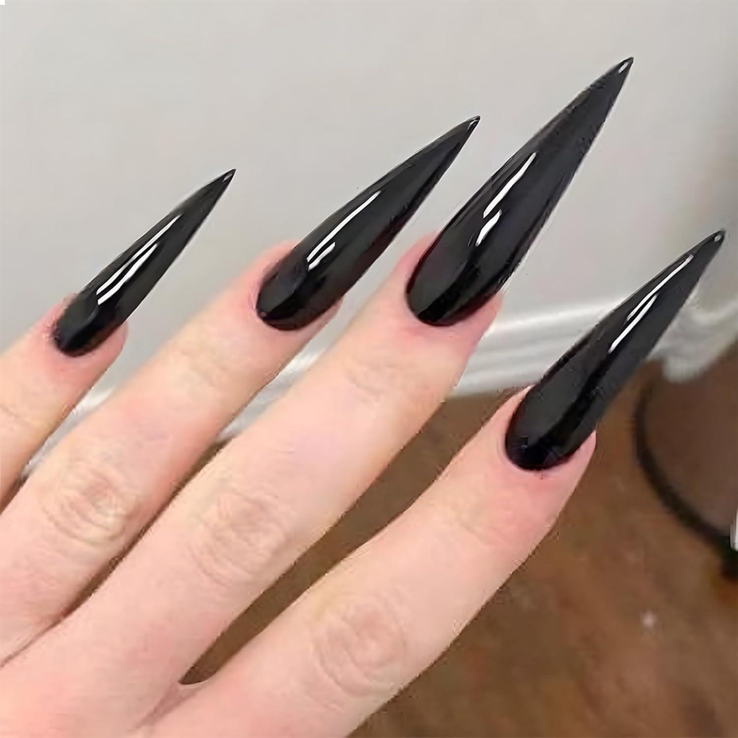 24er Set Schwarz Stiletto Lang Glänzende Press-On Nails