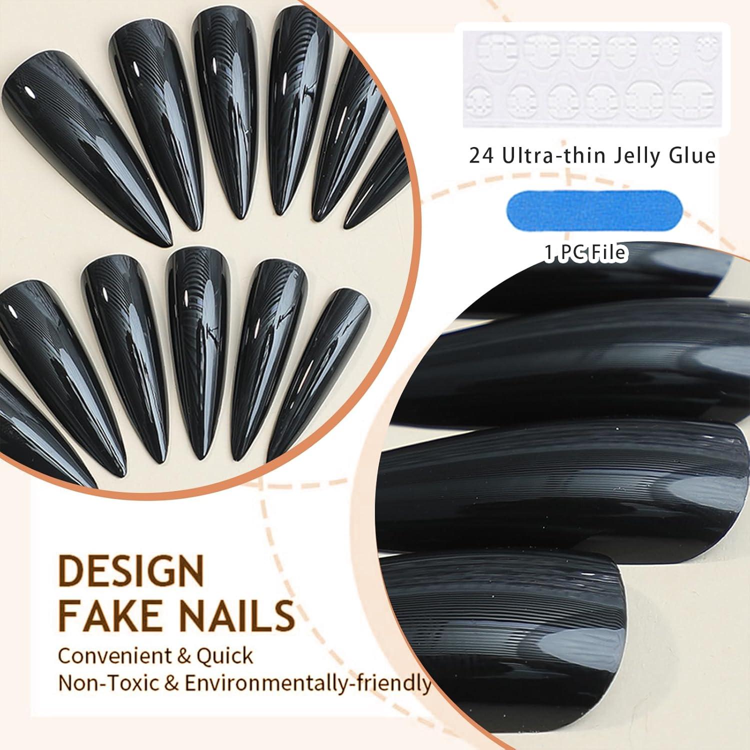 24er Set Schwarz Stiletto Lang Glänzende Press-On Nails