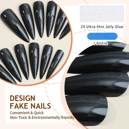 24er Set Schwarz Stiletto Lang Glänzende Press-On Nails
