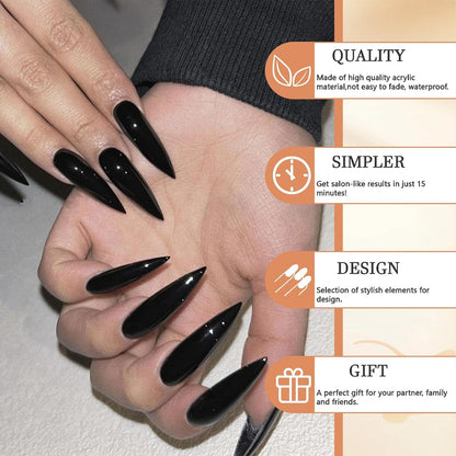 24 Solide Schwarz Stiletto Nägel - Lang glänzend - Geschenk für Frauen/Frauen - 24 Stück