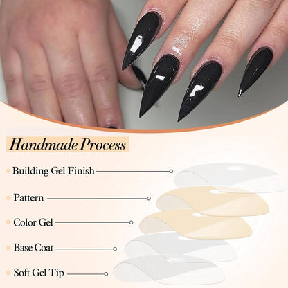 24er Pack Schwarze Stiletto Lang Glänzende Kunstnägel Set