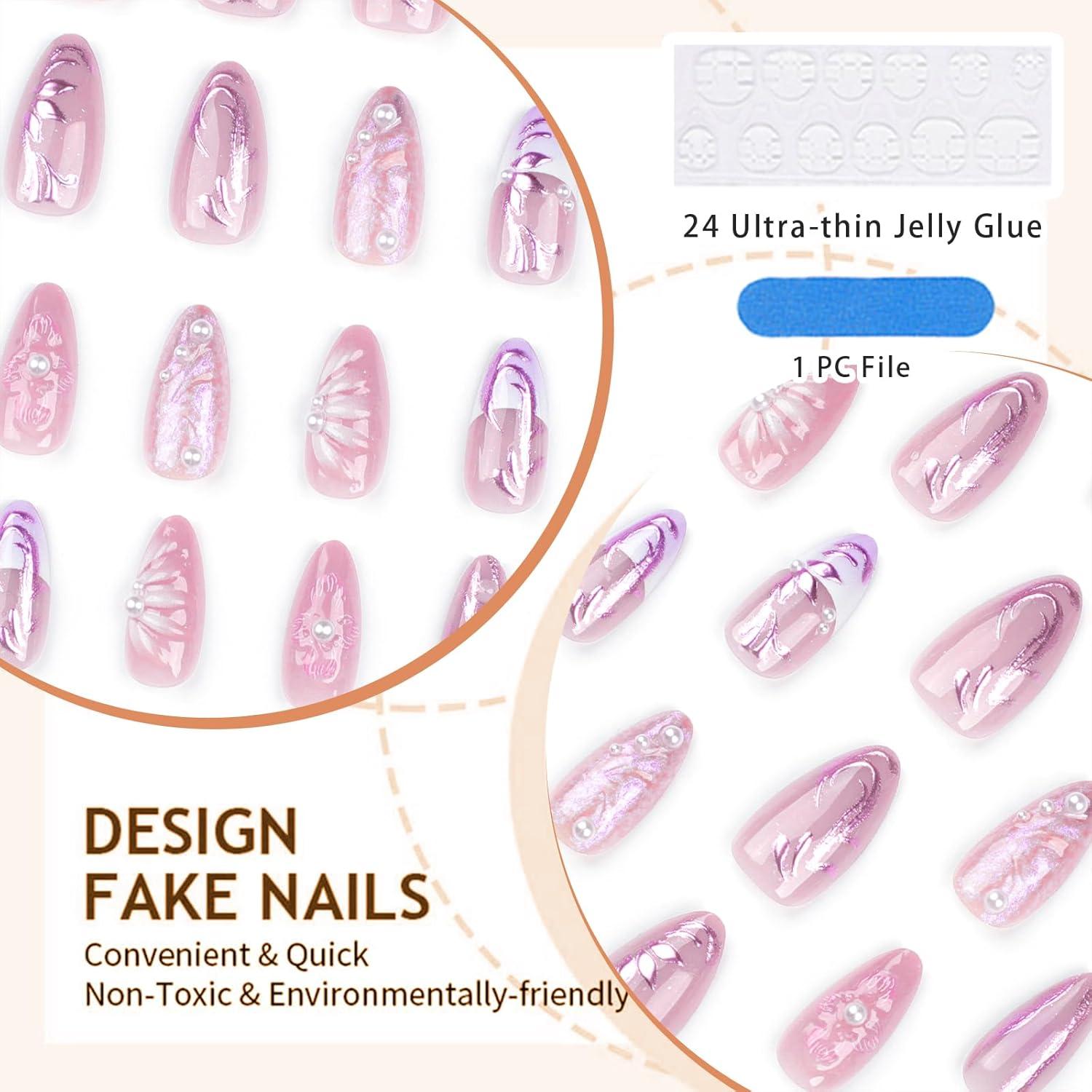 3D Handverarbeitete Falsche Nägel Mandelförmig Pink Blumen Perl - 24