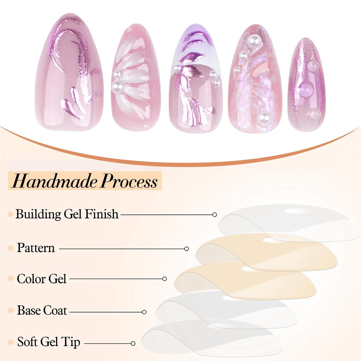 3D Mandel Press on Nägel in Pink Blumen Perl Mittelgröße 24 Stück