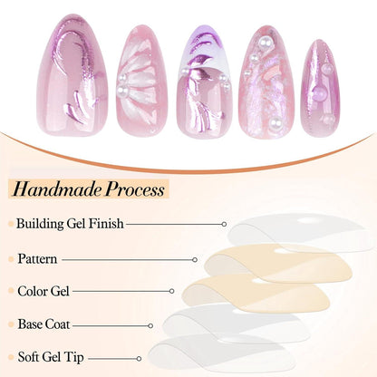 3D Mandel Press on Nägel in Pink Blumen Perl Mittelgröße 24 Stück