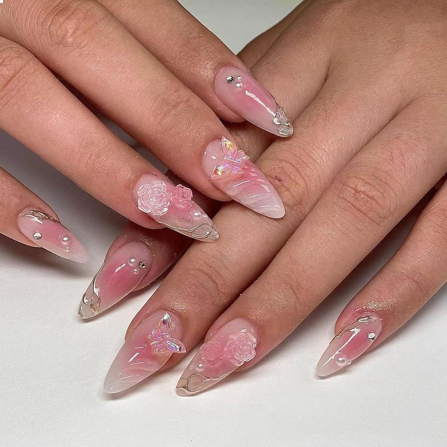 24 Stück Pink 3D Blumen Schmetterlingsdesign Mandel Nägel