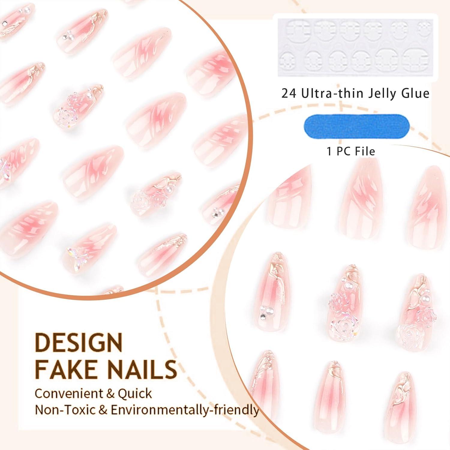 24 Stück Pink 3D Blumen Schmetterlingsdesign Mandel Nägel