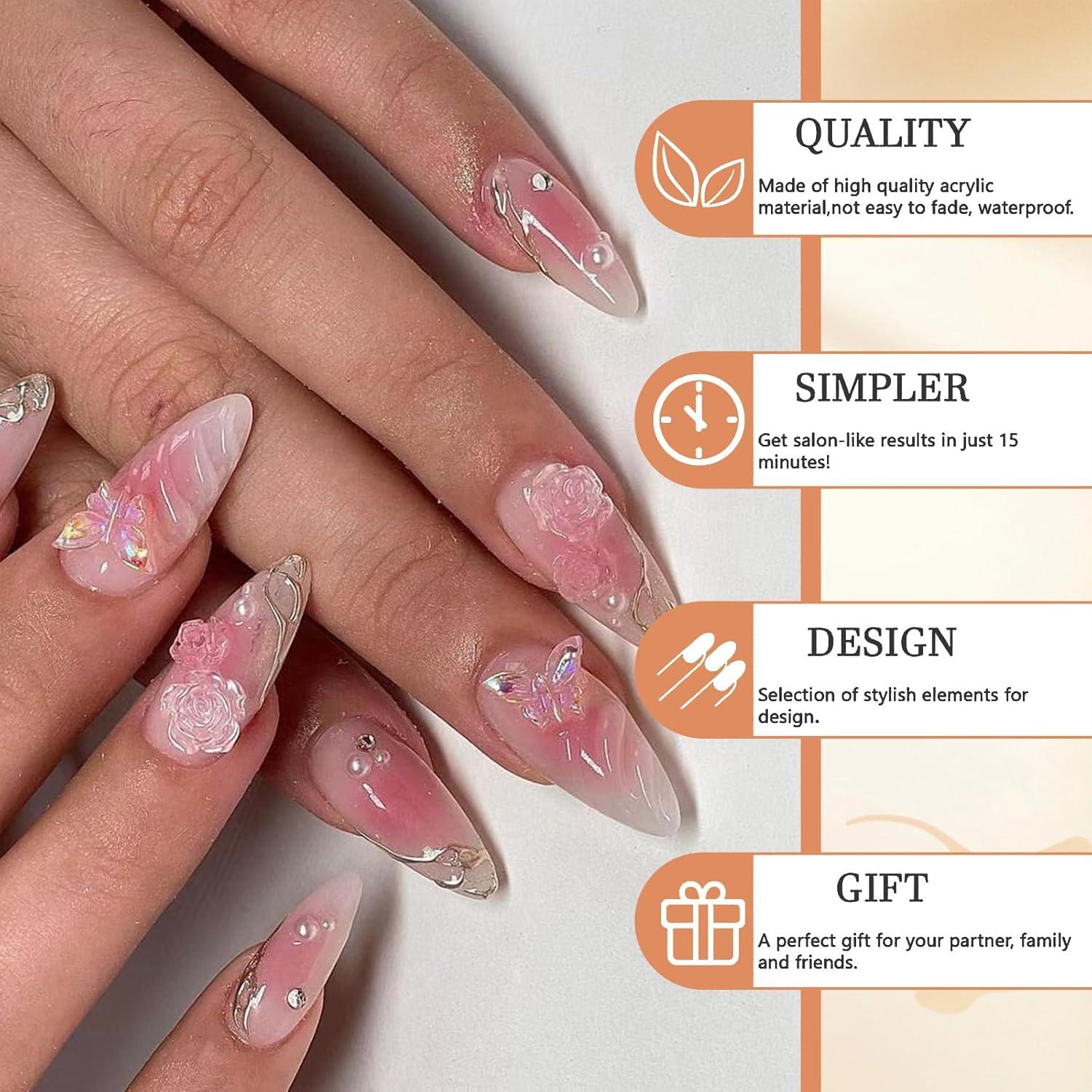 24 Stück Rosa 3D Blumen und Schmetterlings Mandel Falsche Nägelmit Glanzfinish