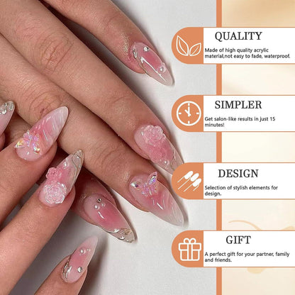 24 Stück Rosa 3D Blumen und Schmetterlings Mandel Falsche Nägelmit Glanzfinish