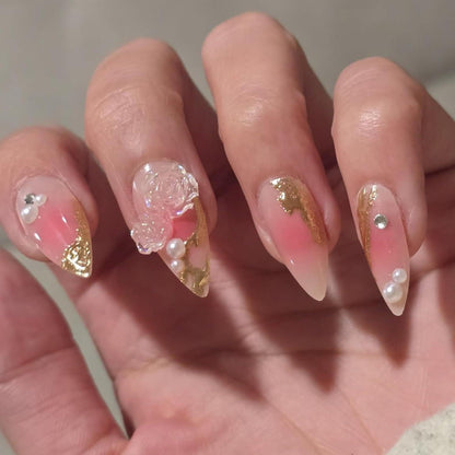 24 Stück Press on Nails Pink 3D Blumen Schmetterlingsdesign Mandel