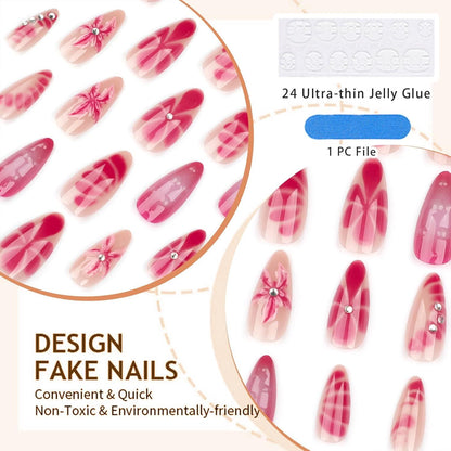 24er Set Mandel Press on Nails 3D Blume Wassertropf Design Stiletto