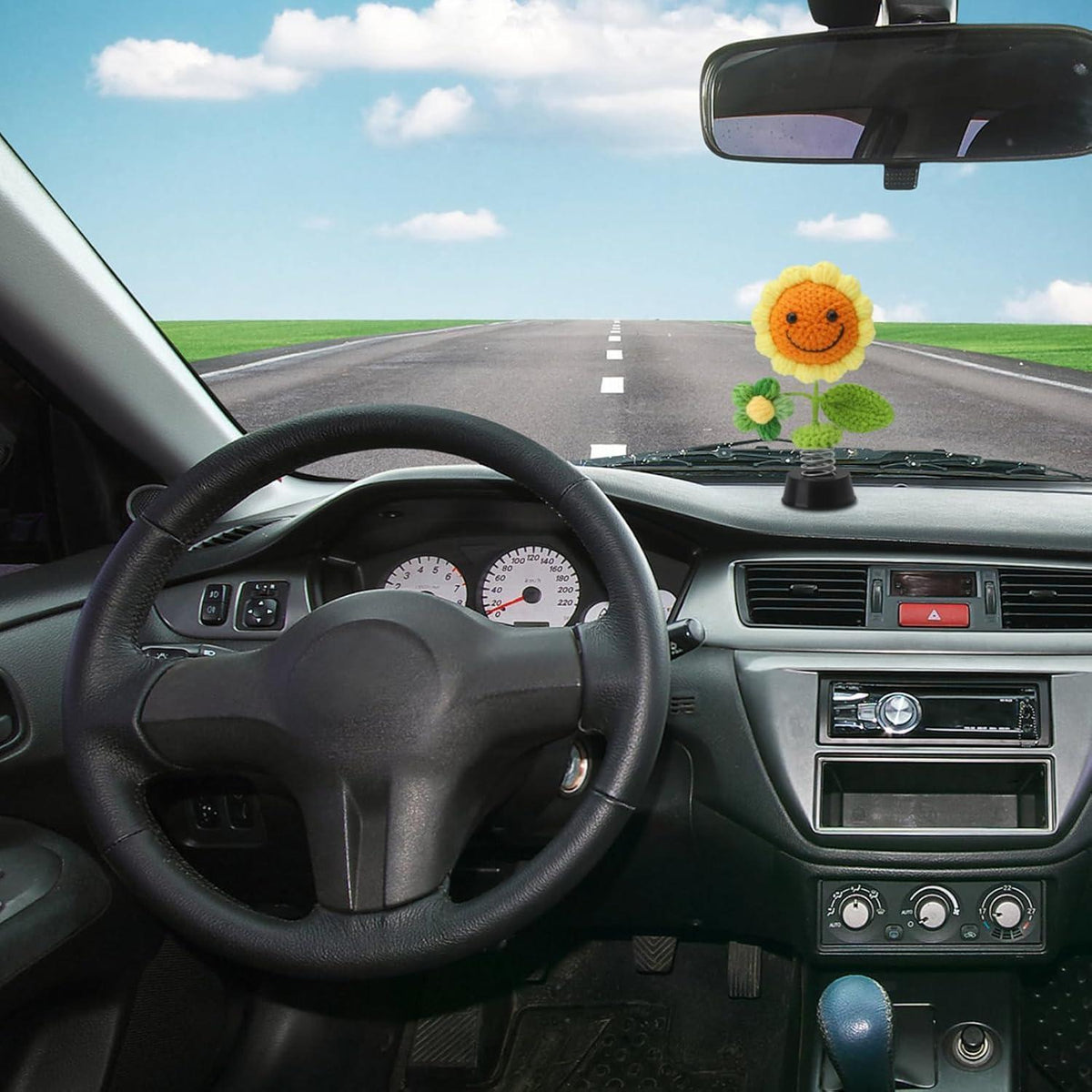 Gestrickte Sonnenblume Autodeko – Wackelfigur für Auto & Büro