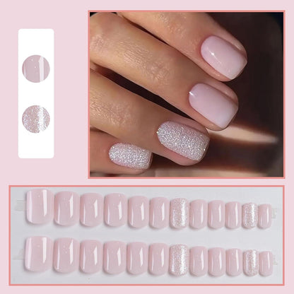24er Set Glitzer Rosa French Künstliche Nägel Eckig
