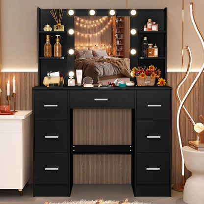 Schminktisch mit Spiegel und Beleuchtung, Schwarz, 100x40x140cm