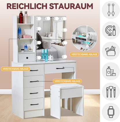 Schminktisch mit Beleuchtung Spiegel Hocker 6 Schubladen 6 Ablagen 80x36x130cm
