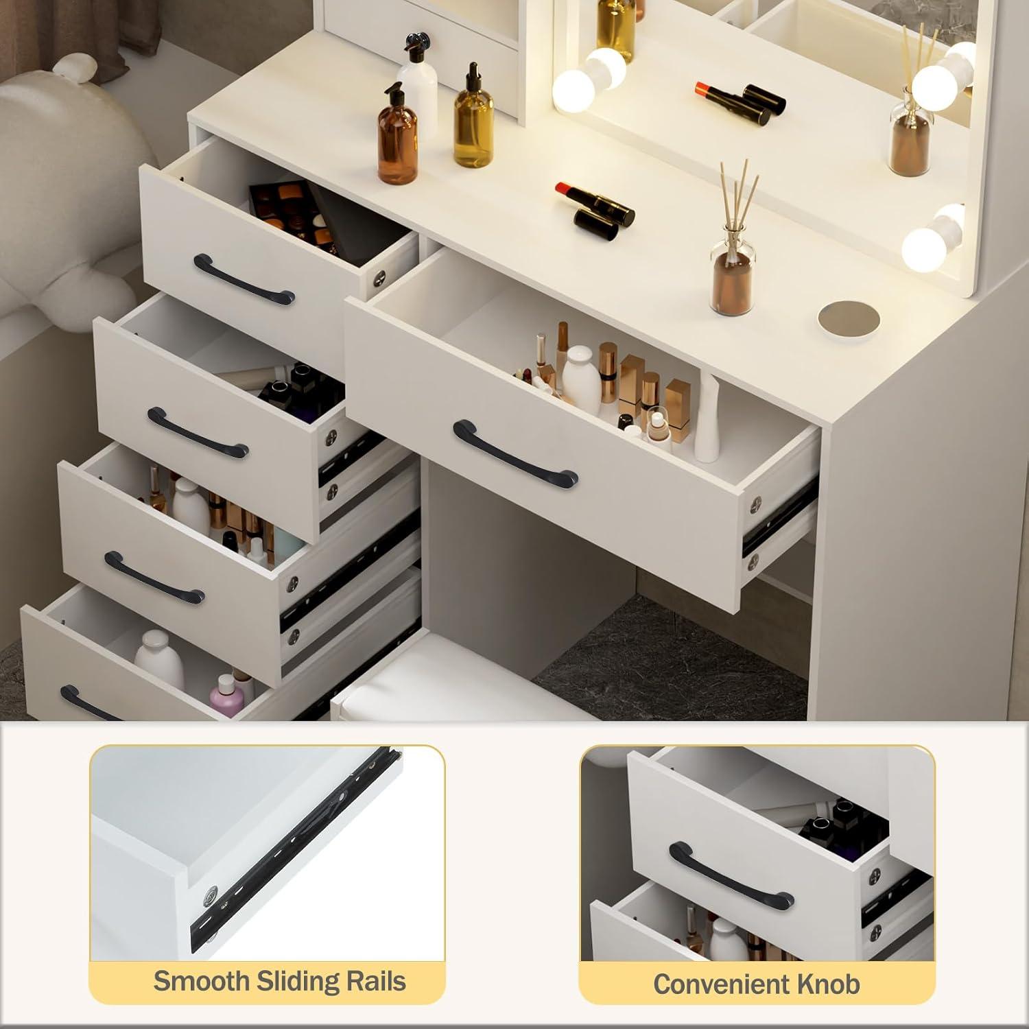 Schminktisch LED Spiegel Hocker Kosmetiktisch 6 Schubladen 6 Ablagen 80x36x130cm
