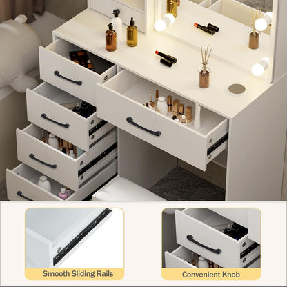 Schminktisch LED Spiegel Hocker Kosmetiktisch 6 Schubladen 6 Ablagen 80x36x130cm