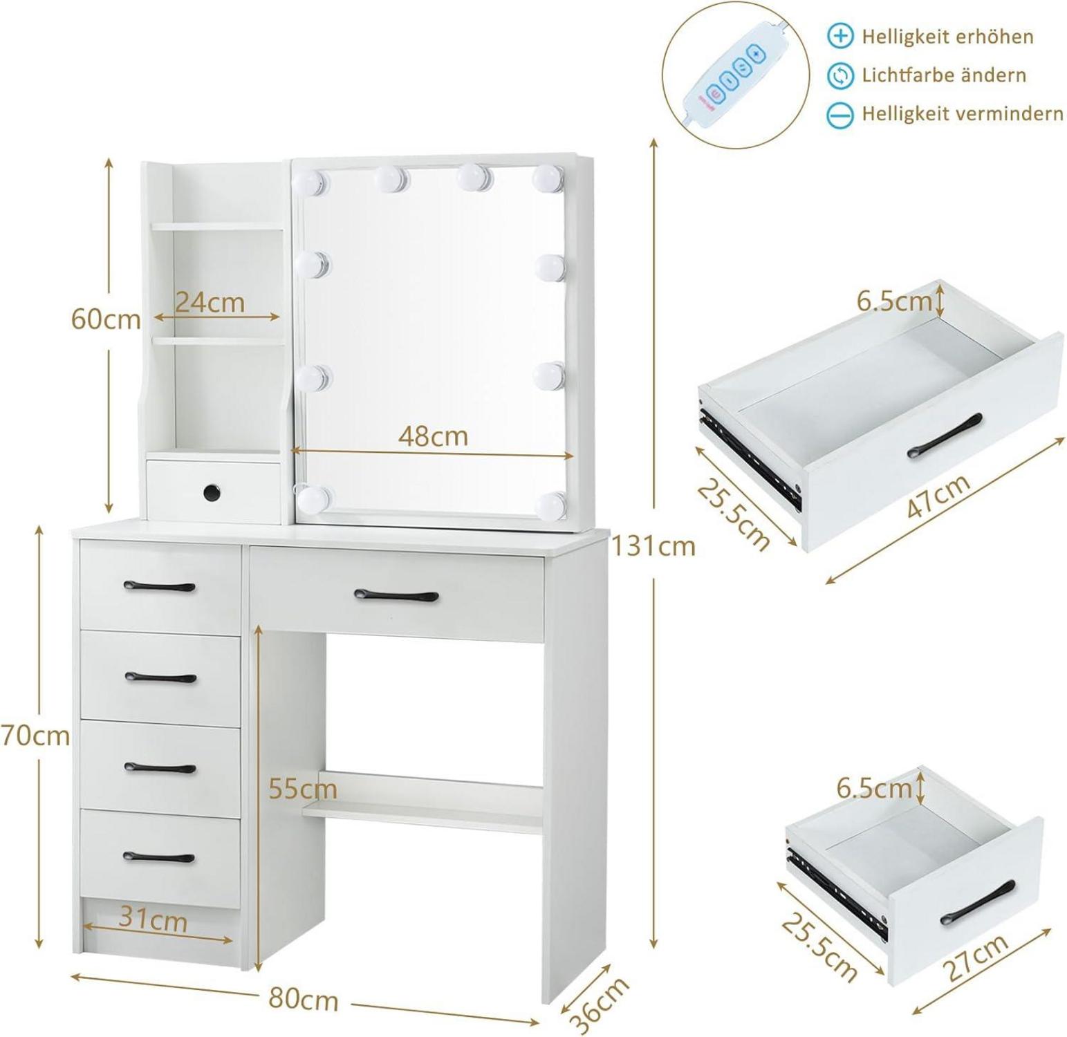 Schminktisch LED Spiegel Hocker Kosmetiktisch 6 Schubladen 6 Ablagen 80x36x130cm