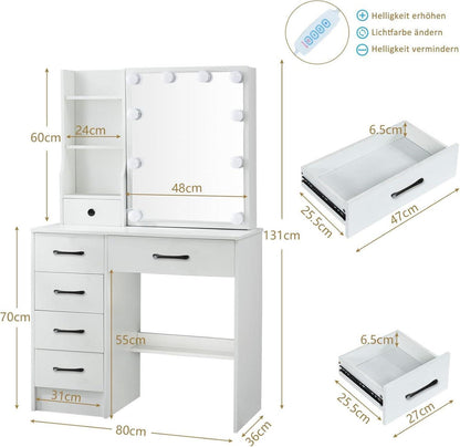 Schminktisch LED Spiegel Hocker Kosmetiktisch 6 Schubladen 6 Ablagen 80x36x130cm