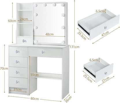 Schminktisch mit Spiegel und Hocker, Kosmetiktisch 6 Schubladen