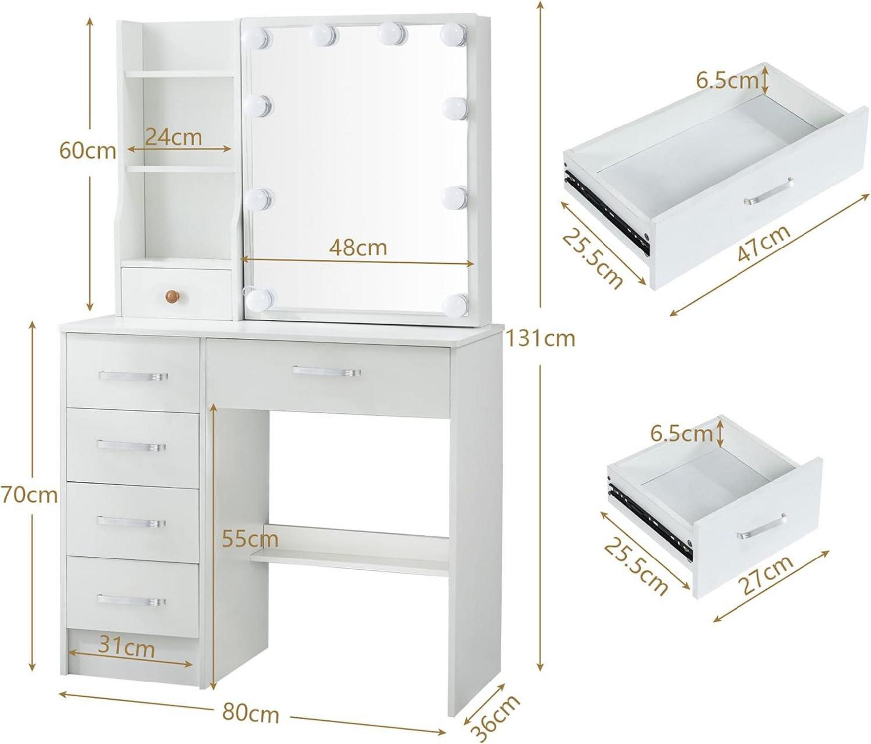 Schminktisch mit LED-Beleuchtung und Schiebespiegel Weiß 36x80x131cm