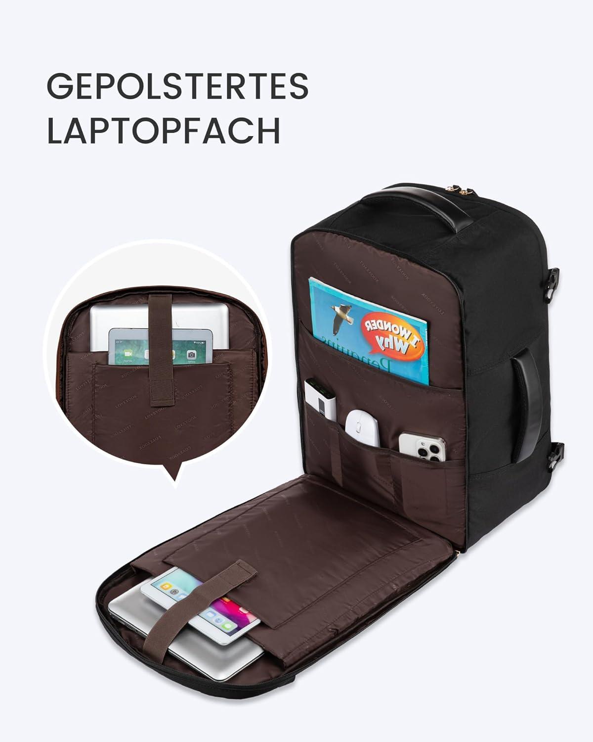 LOVEVOOK Rucksack Handgepäck 45L Cabin Bag für Reise Schwarz