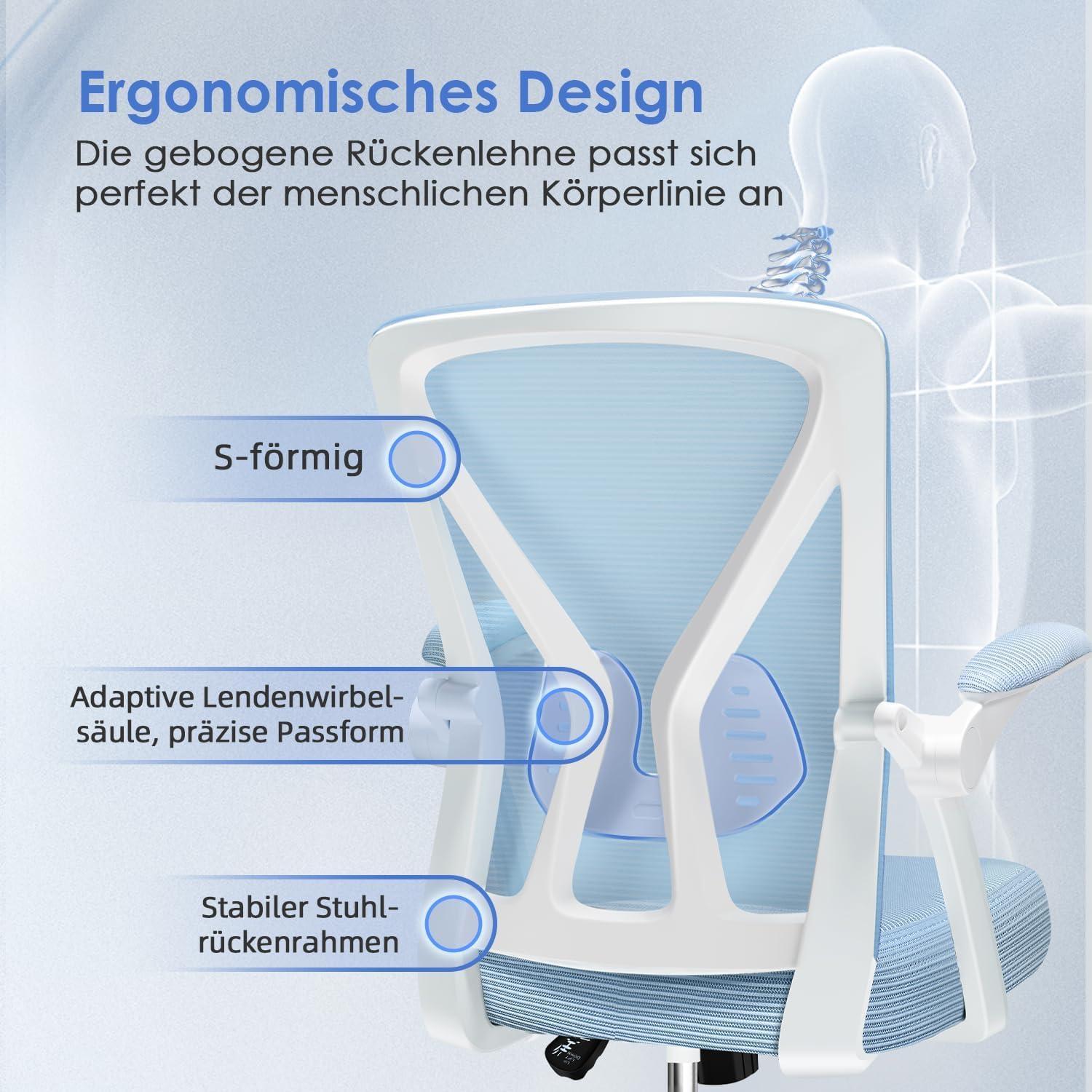 Ergonomischer Bürostuhl mit Lendenwirbelstütze, Atmungsaktiv, Blau