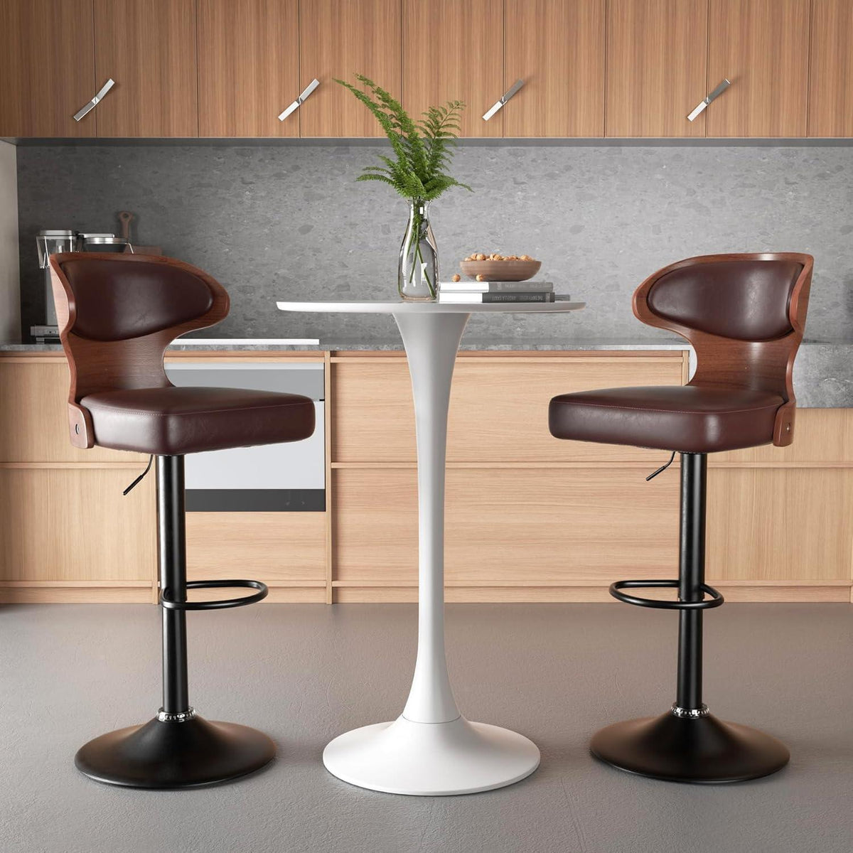 Barhocker 4er Set mit Rückenlehne und Fußstütze, drehbar, Nussbaumholz Braun