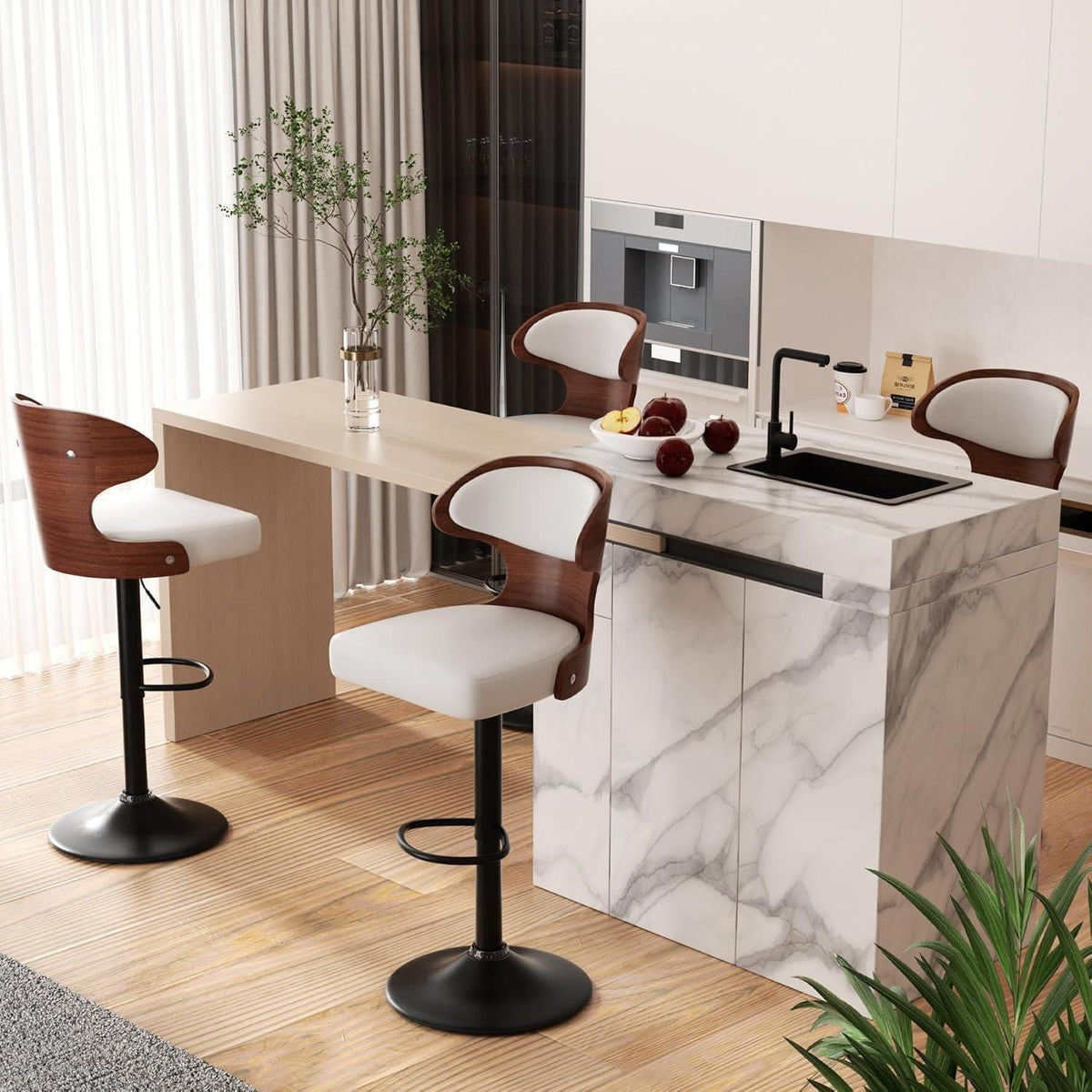 Barhocker 4er Set mit Rückenlehne und Fußstütze | Weiß Nussbaumholz