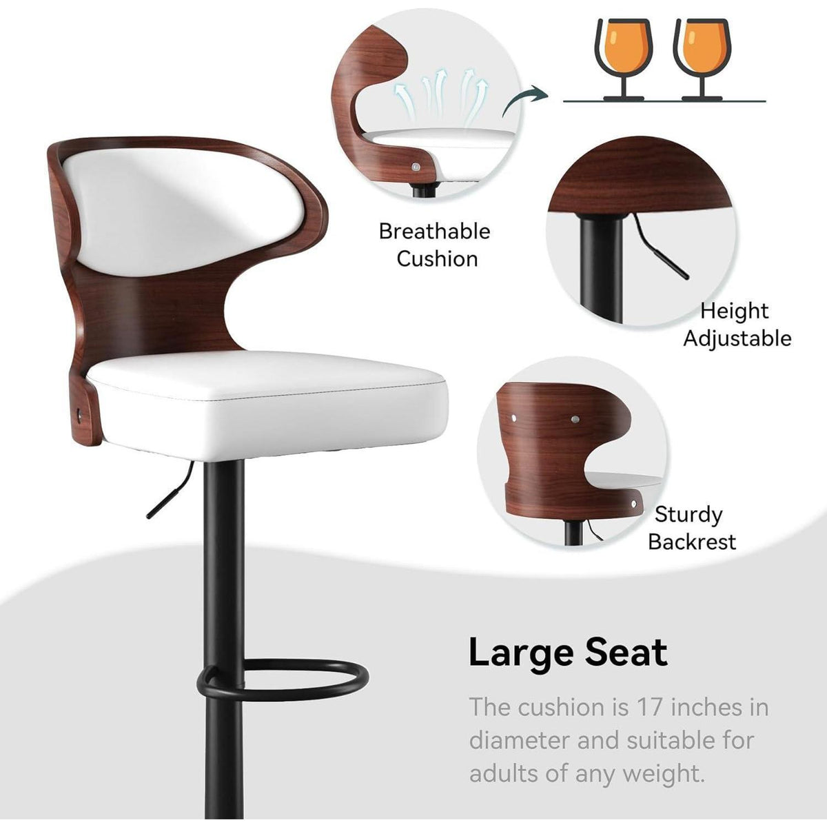 Barhocker 4er Set mit Rückenlehne und Fußstütze | Weiß Nussbaumholz