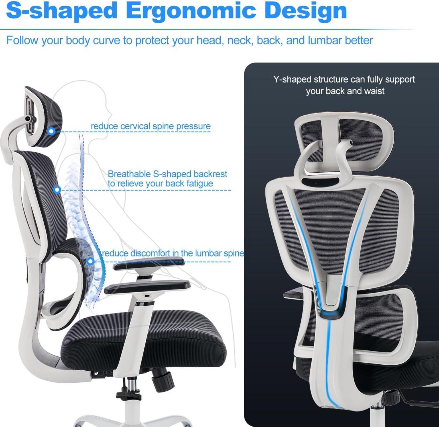 Ergonomischer Bürostuhl 200KG mit Lendenwirbelstütze 3D-Armlehnen Kopfstütze Wippfunktion