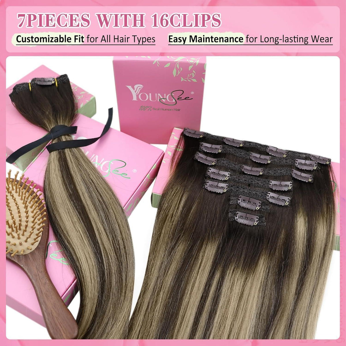 Clip-in Echthaar Extensions Ombre Braun Aschblond 55cm