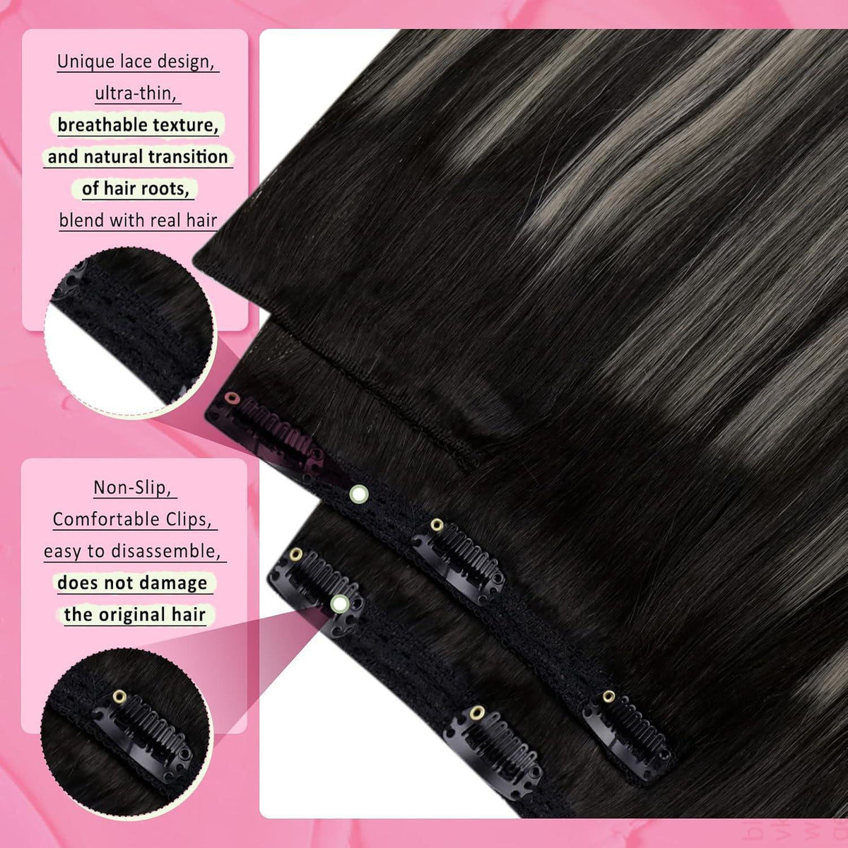 Clip-in Echthaar Extensions Ombre Schwarz Silber 40cm