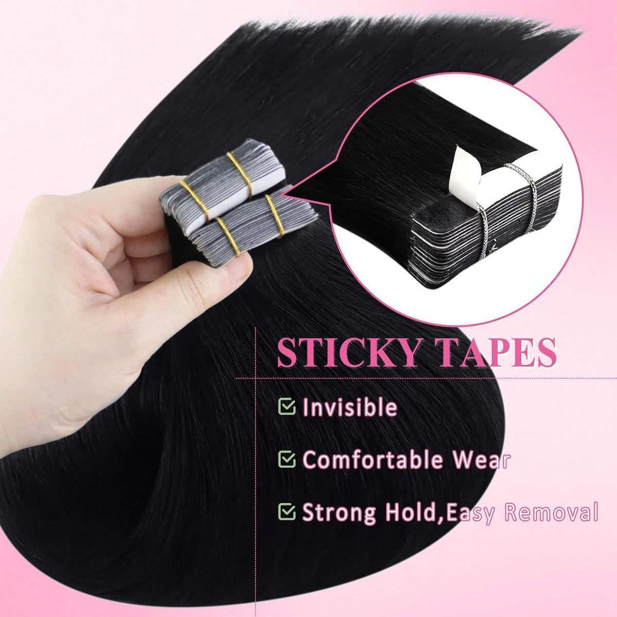 Echthaar Tape Extensions Schwarz 65 cm – Remy Haare