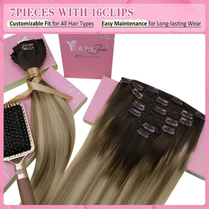 Clip-in Echthaar Extensions Braun Balayage Blond 50cm