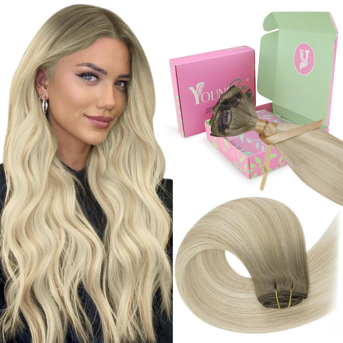 Clip-in Echthaar Extensions Ombre Aschblond Platinblond 50cm