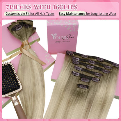Clip-in Echthaar Extensions Ombre Aschblond Platinblond 50cm