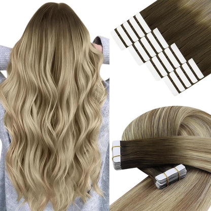 Echthaar Tape Extensions Braun Balayage Blond 35cm